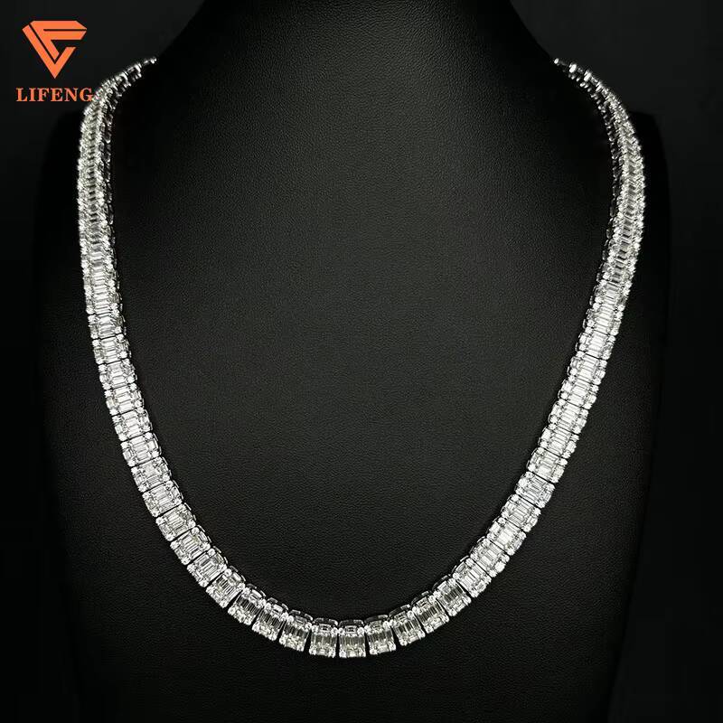 18K Gold Plated 925 Sterling Silver Fashion Tennis Chain Necklace With Emerald Baguette Cut VVS Moissanite Diamond for Men Women