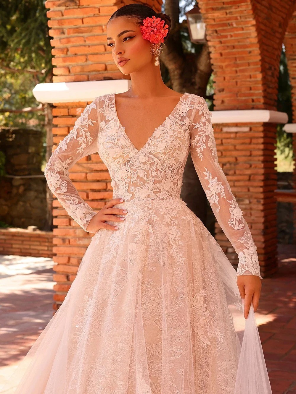 Vintage Lace Wedding Dress Vestidos De Novia Custom V-Neck Long Sleeve-