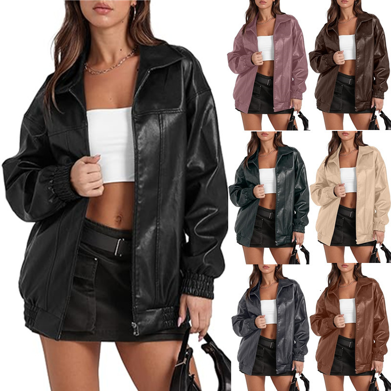 Leather Jacket Long Sleeve Turn-down Collar Zipper Side Pocket Casual Leather Coat for Women241128
