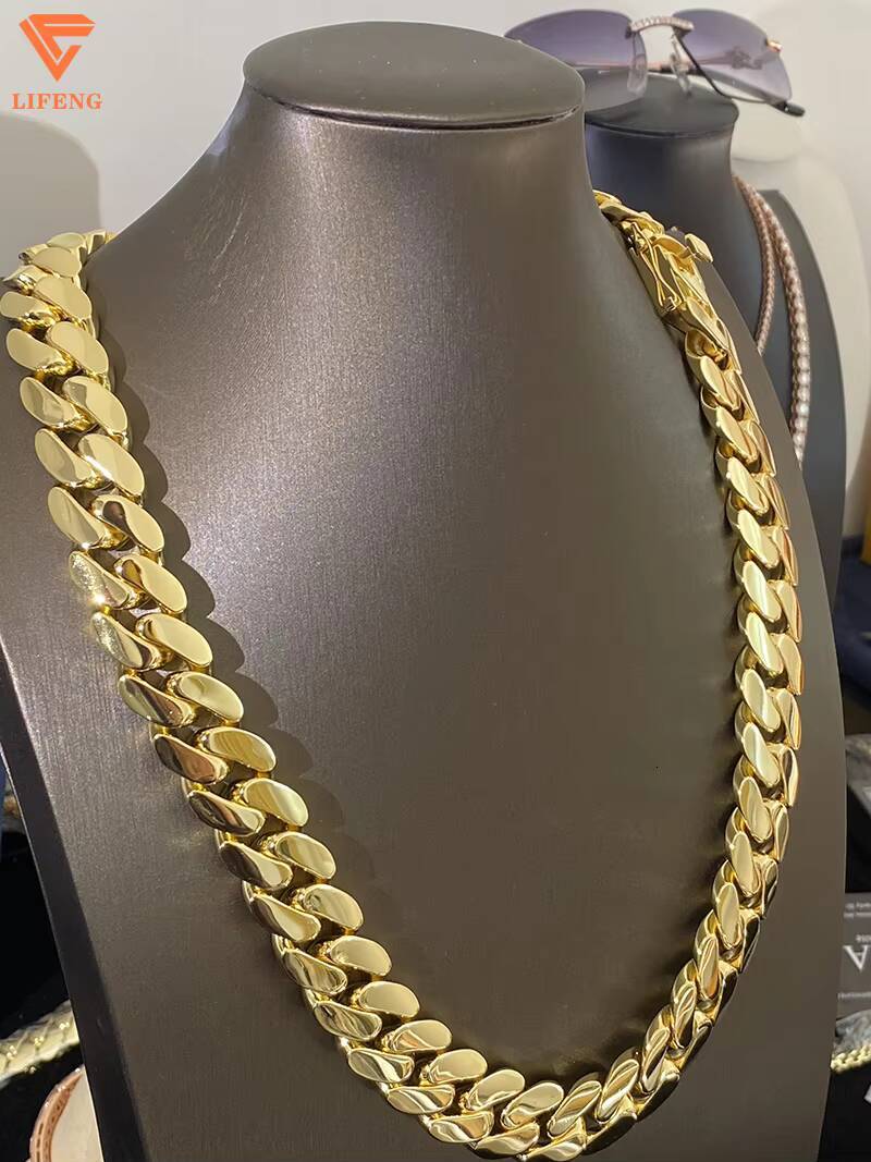 10mm/12mm/18mm/20mm Miami Cuban Link Chain Plain Solid S925 Sterling Silver Moissanite Clasp 18K Gold Plated Hip Hop Style