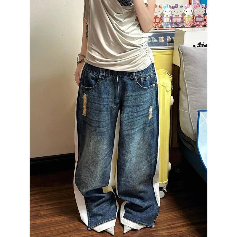 Women Blue Goth Y2k Baggy Harajuku Vintage Denim Trousers Japanese 2000s Style Grunge Bent Knife Jeans Pants Clothes 2025 dongdumaoyi