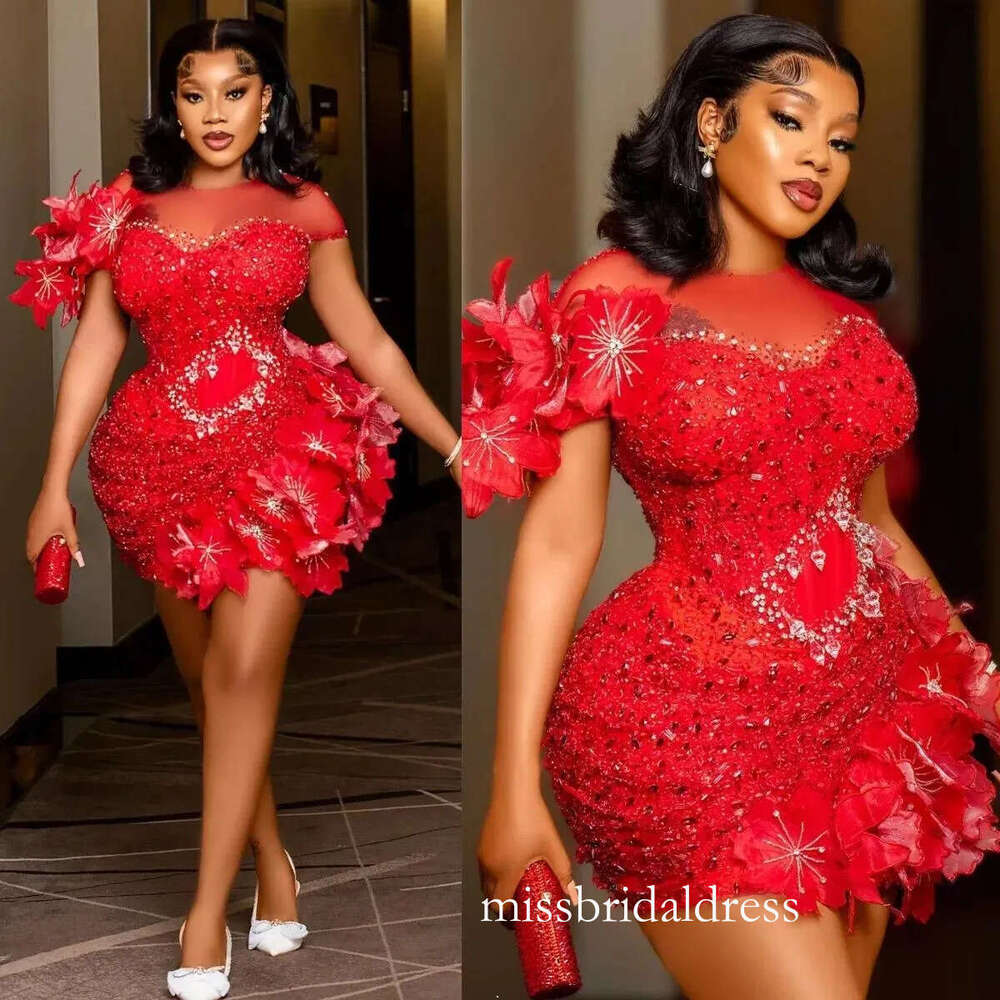 Aso Ebi Cocktail Dresses Sheer Neck Illusion Short Mini Prom Dress Sequined Lace 3D Flowers Beaded Pearls Pleated Evening Formal Gowns Birthday Party 