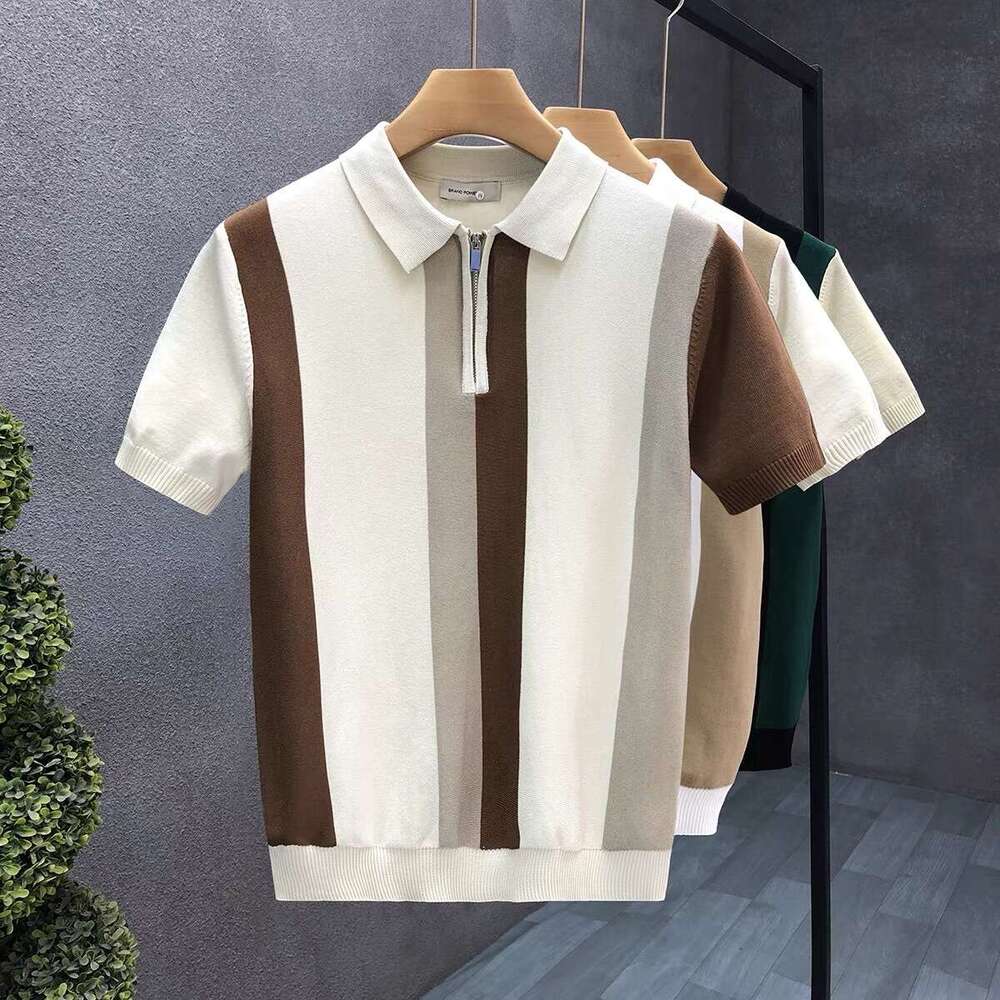 Luxury Brand Designer Clothes Summer High-End Short-Sleeve Ice Silk Knitted Polo Shirt For Men, Trendy British Style Color-Blocked Striped Casual Fash