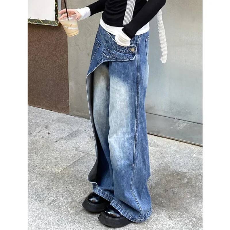 2024 Autumn Women's Casual Style Jeans Vintage Aesthetic Harajuku Loose Washed Pants Blue Wide Leg Punk Baggy Denim Trouser dongdumaoyi