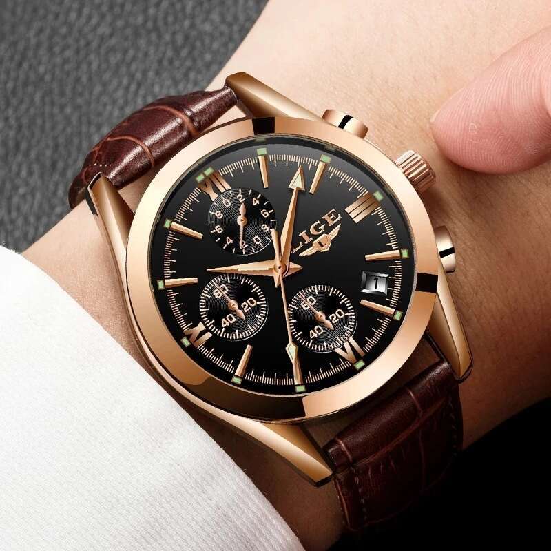 LIGE Men's Quartz Watch, 38mm Steel Case, Leather Band, Three-Dial Luxury Timepiece, Japan and Korean Style - view 4