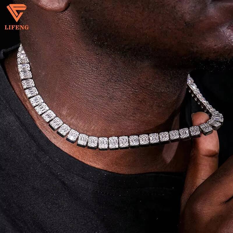 18K Gold Plated 925 Sterling Silver Fashion Tennis Chain Necklace With Emerald Baguette Cut VVS Moissanite Diamond for Men Women