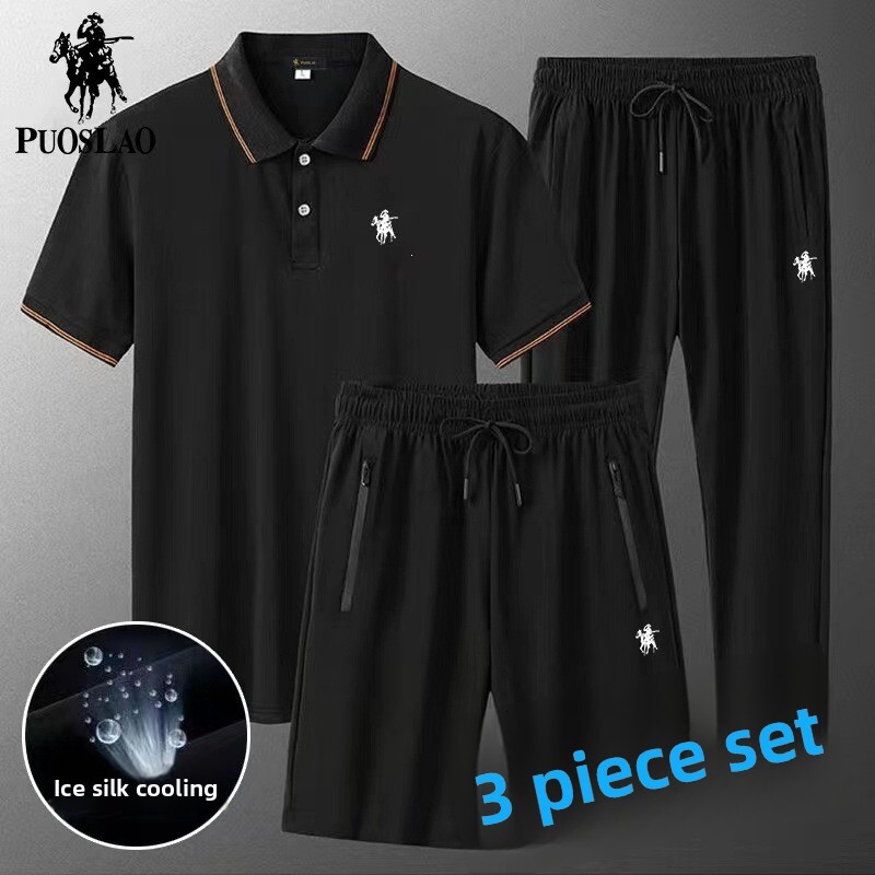 New Summer Designer Polo Shirt Fashion Set For Men Ice Silk Casual Sports Collar Short Sleeved T-shirt Dad Outfit Three Piece Set Loose Business Plus 