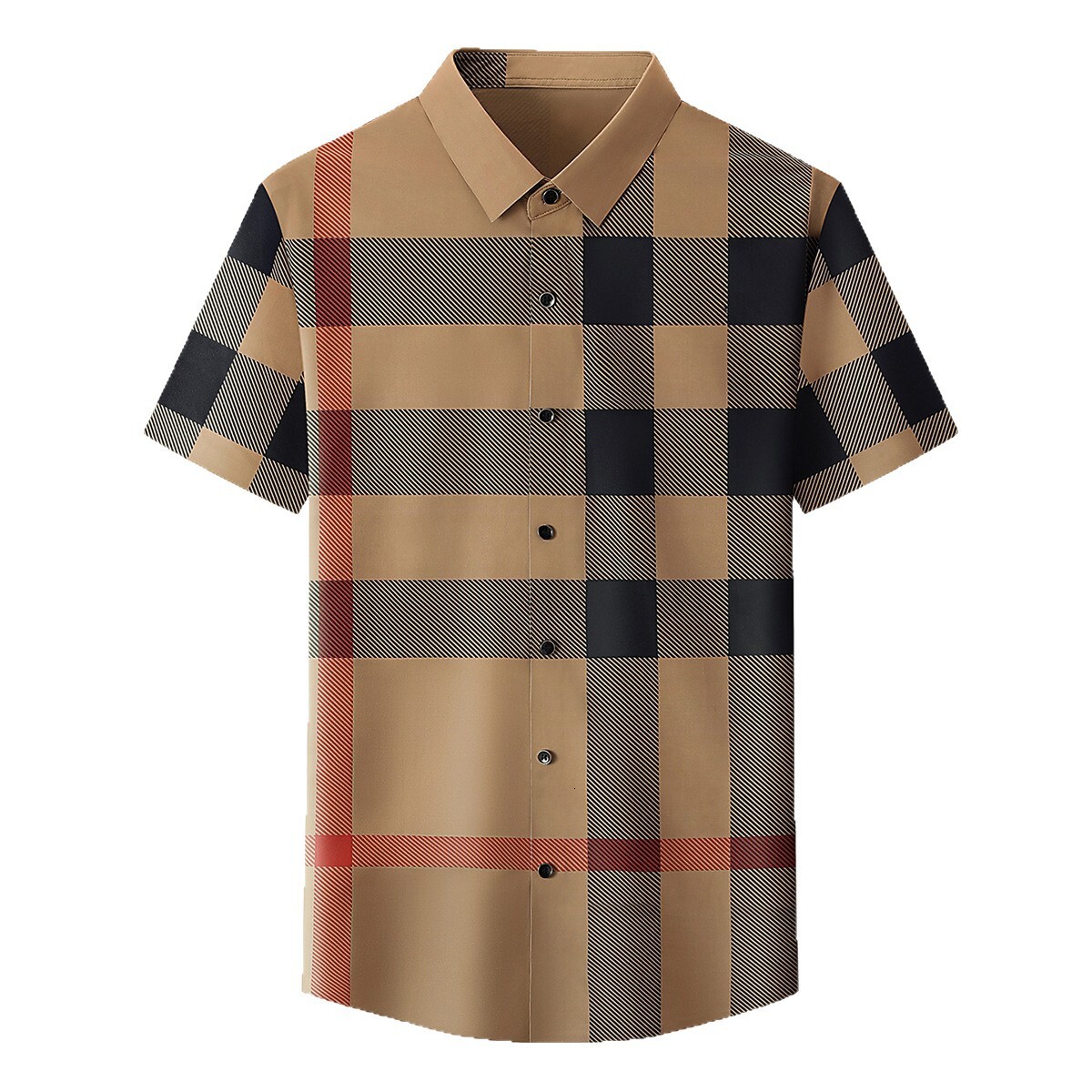 2026 New Summer Mens Middle Aged Fashion Business Ice Silk Plaid Designer Shirt Fashion Light Luxury Collar Short Sleeve