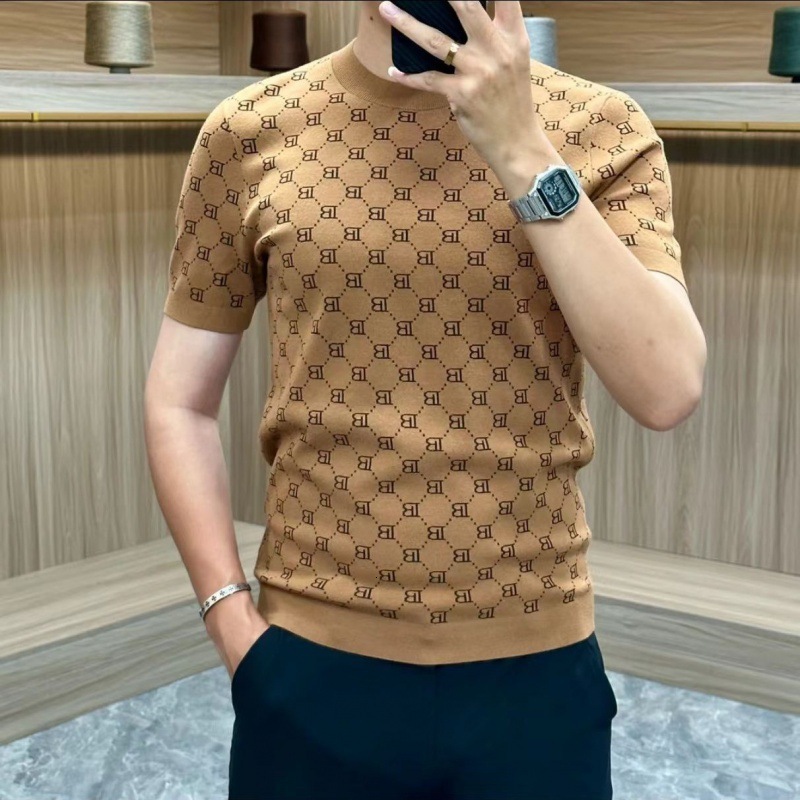 Designer Short Sleeved T-shirt Summer Fashion Slim Fit Ice Silk Knit Shirt Half Cut Sleeves Trendy Men's Round Neck Handsome Luxury Top
