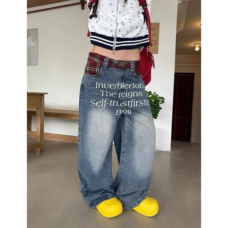 Blue Y2k Baggy Patchwork Plaid Women Harajuku Vintage Oversize Denim Trousers Aesthetic 90s Style Letter Print Jeans Pants dongdumaoyi