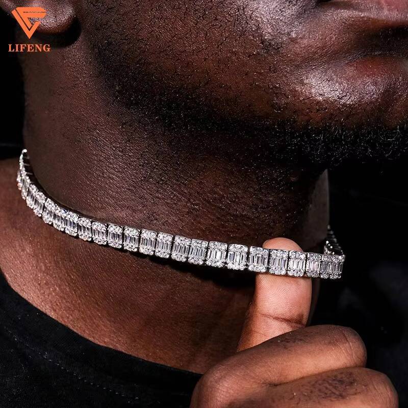18K Gold Plated 925 Sterling Silver Fashion Tennis Chain Necklace With Emerald Baguette Cut VVS Moissanite Diamond for Men Women