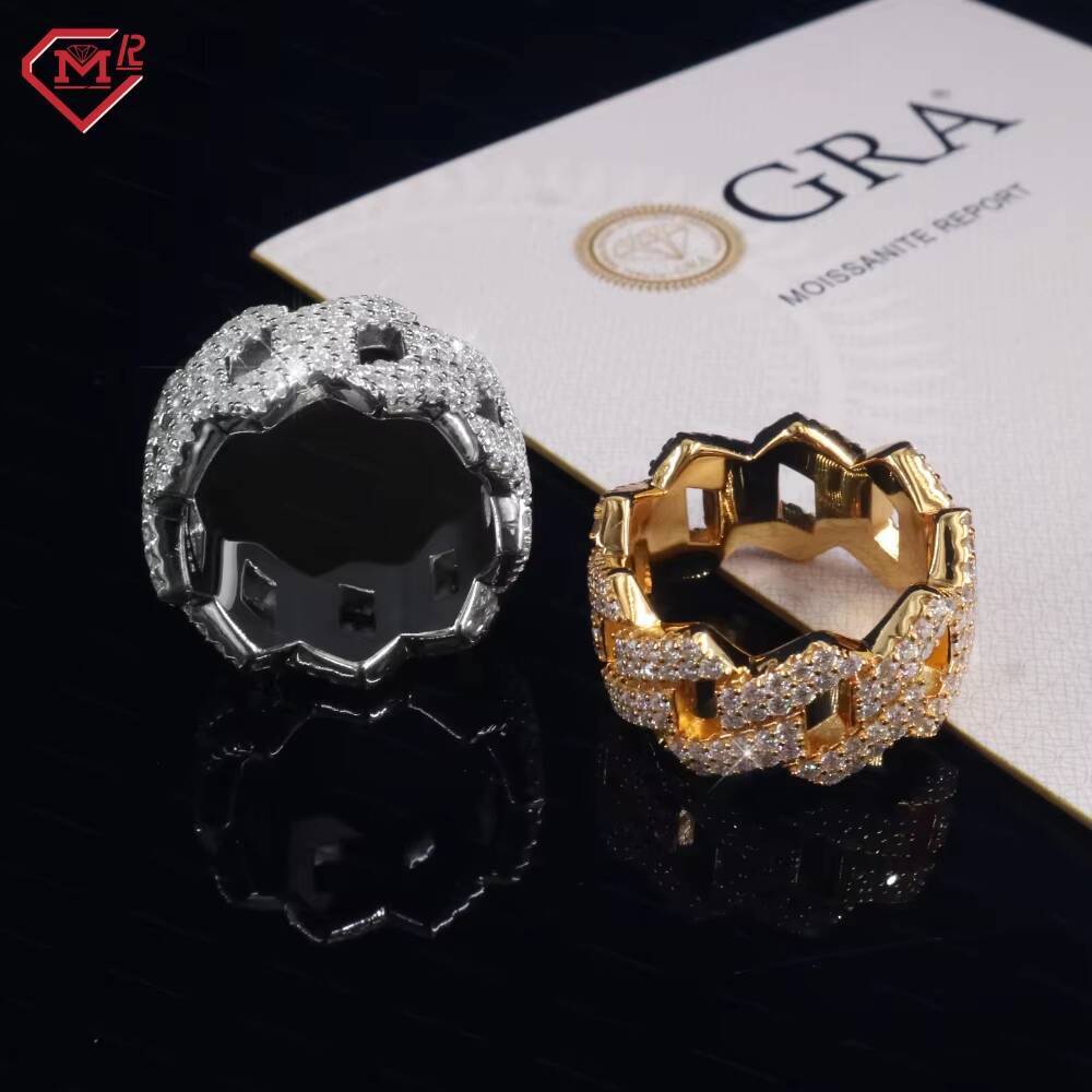 Rappers 2 Rows Cuban Ring Moissanite 925 Sterling Silver VVS Iced Out Mens Hip Hop Moissanite Ring