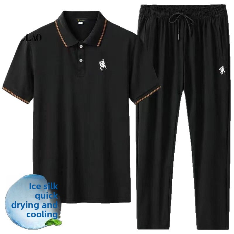 New Summer Designer Polo Shirt Fashion Set For Men Ice Silk Casual Sports Collar Short Sleeved T-shirt Dad Outfit Three Piece Set Loose Business Plus 