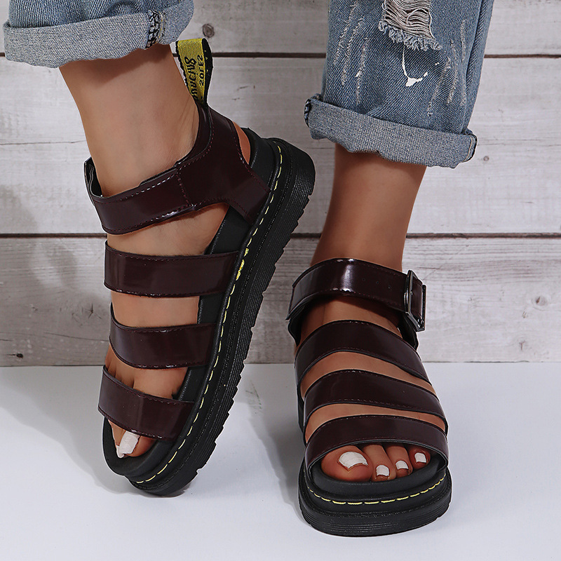 Women Black Leather Platform Gladiator Sandals, Multi Strap Ankle Buckle Adjustable Yellow Stitch Chunky Open Toe Summer Punk Gothic Casual Shoes
