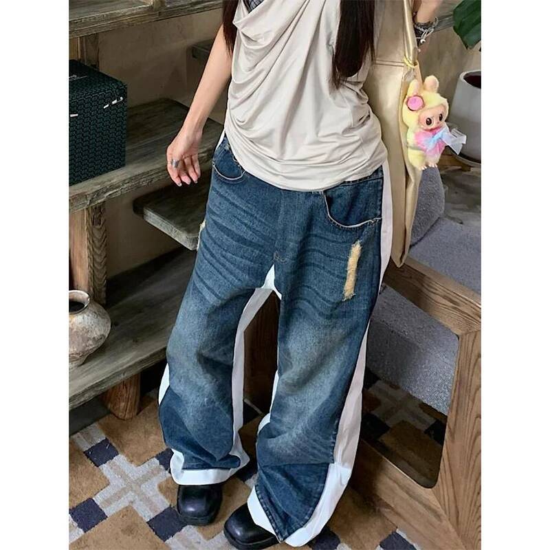 Women Blue Goth Y2k Baggy Harajuku Vintage Denim Trousers Japanese 2000s Style Grunge Bent Knife Jeans Pants Clothes 2025 dongdumaoyi