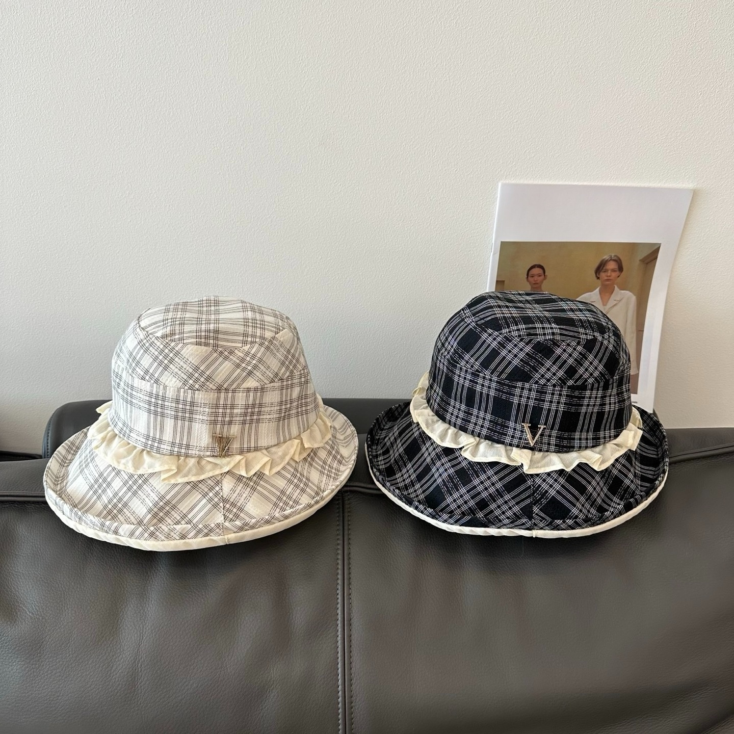 Women Plaid Ruffle Trim Bucket Hat Summer UV Protection Wide Brim Breathable Sunscreen Sun Hat Casual Preppy Style Beach Fisherman Cap