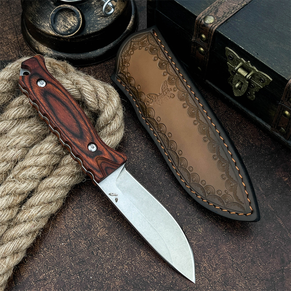 BM 15002 Survival Hunting Knife 9Cr13Mov Steel Fixed Blade with Wooden Handle Outdoor Camping Tool and Sheath EDC Equipment