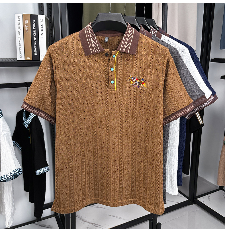 New Designer Short Sleeved T-shirt Men's Summer And Autumn Knitted Sweater Embroidered Pattern Color Blocked Jacquard Top For Business Travel And