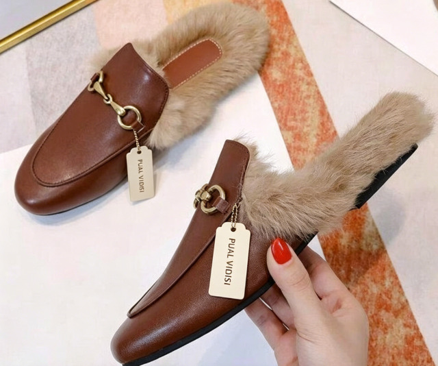 Women's Fuzzy Lined Leather Mules, Metal Buckle Backless Warm Slip-On Winter Flats - view 3
