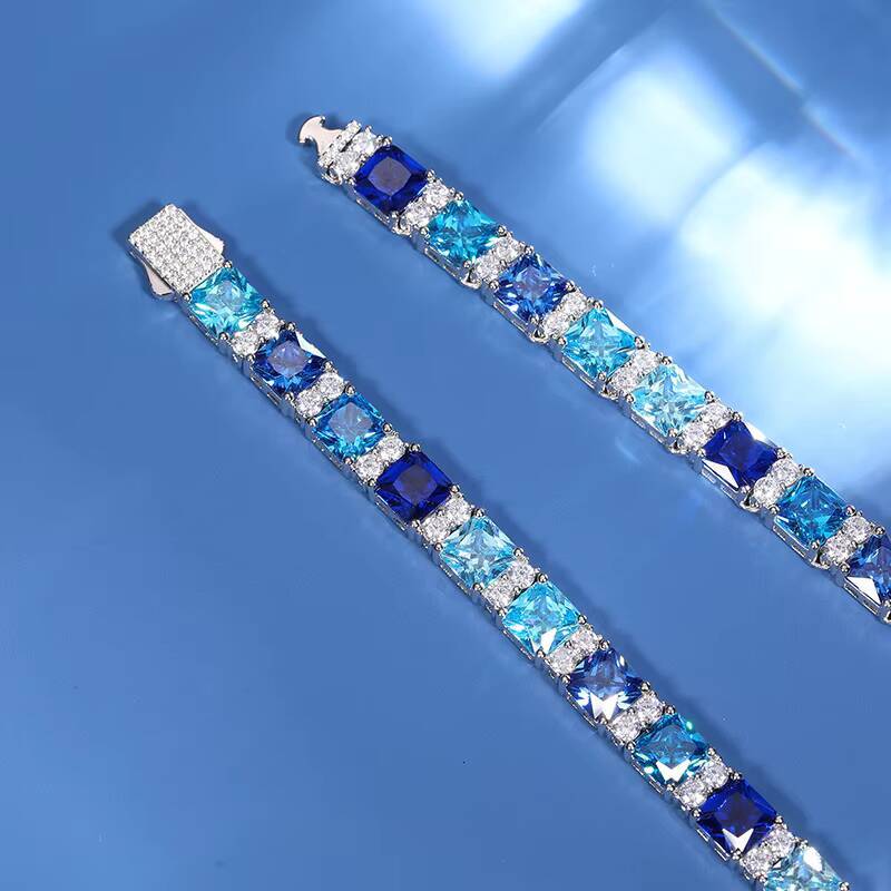 New Arrival Summer Blue Gradient Color CZ 925 Sterling Silver Tennis Chain Iced Out Moissanite Fashion Colorful Necklace