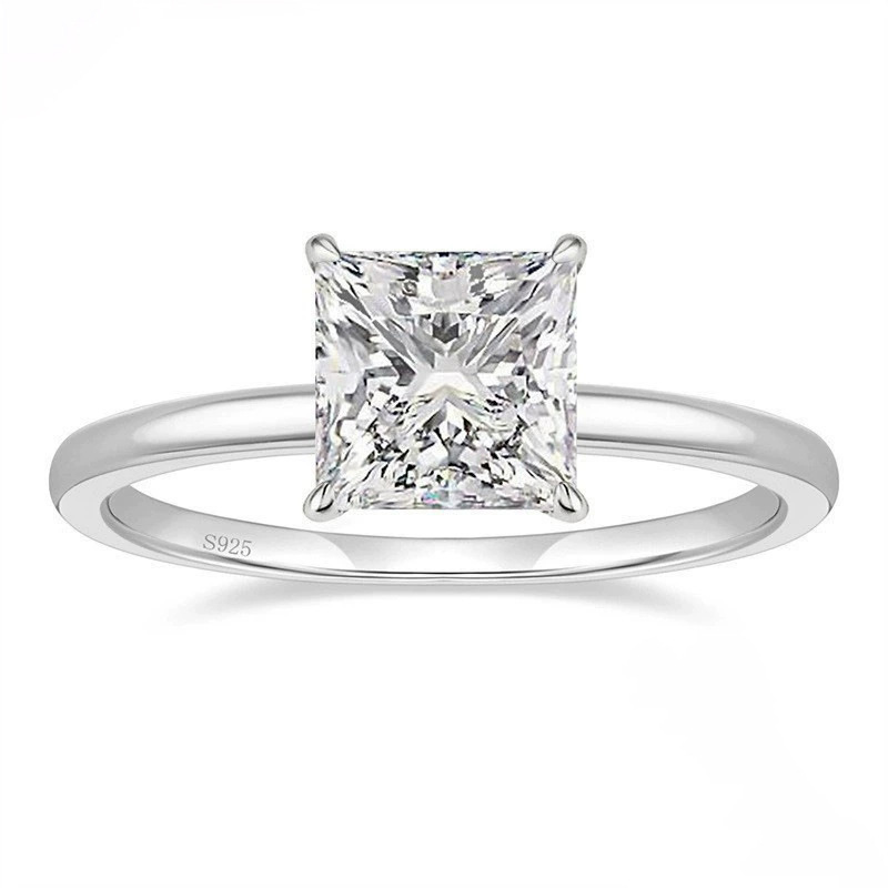 Rulalei Classical 4 Claw Simple Fashion Jewelry Genuine 925 Sterling Silver Princess Cut Solitaire High Carbon Diamond Cocktail Party Eternity Women B