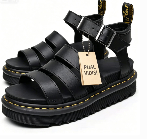 Women Black Leather Platform Gladiator Sandals, Multi Strap Ankle Buckle Adjustable Yellow Stitch Chunky Open Toe Summer Punk Gothic Casual Shoes