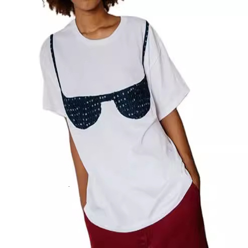 Women Y2k Smocked T-Shirt Bikini Bra Graphic Print Short Sleeve Oversized Tee Crewneck Aesthetic White Tee Top 250118