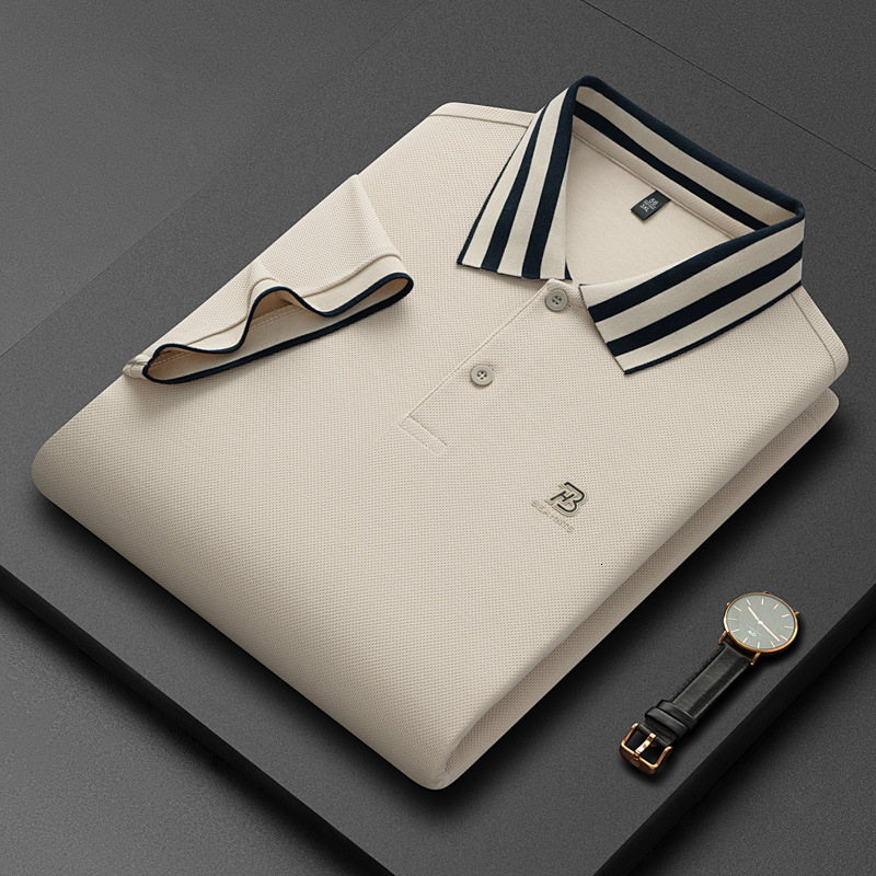 High End Business And Leisure Lapel Designer Polo Shirt Light Luxury Buddha Rib Double-sided Pearl Cotton Middle-aged And Young Half Sleeved Slim Fit 