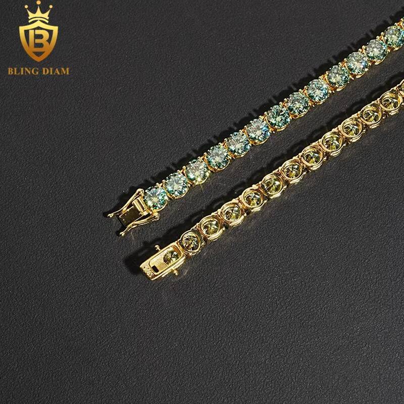 65mm Hip Hop Jewelry Iced Out 925 Sterling Silver Blue Green Vvs Moissanite-Tennis-Chain Bracelet Necklace