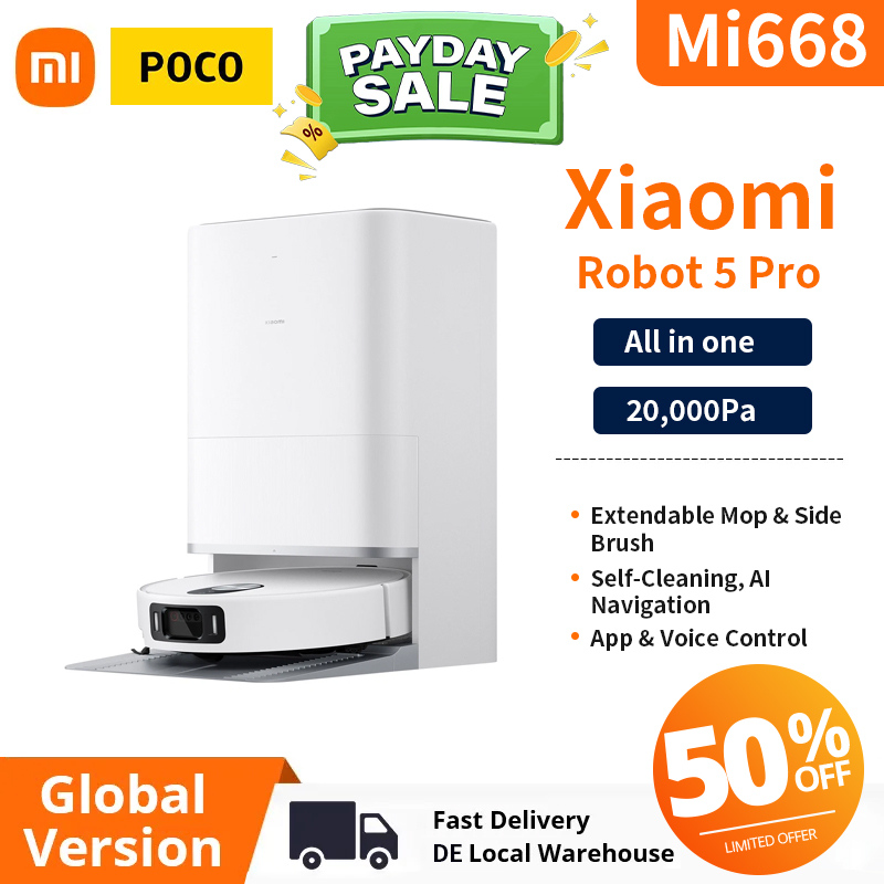 Xiaomi Robot Vacuum 5 Pro Robot Vacuum Cleaner W/ Mop Function, 20000Pa, Extendable Mop&Side Brush, Self-Cleaning All-in-One Base Station, AI Navigati