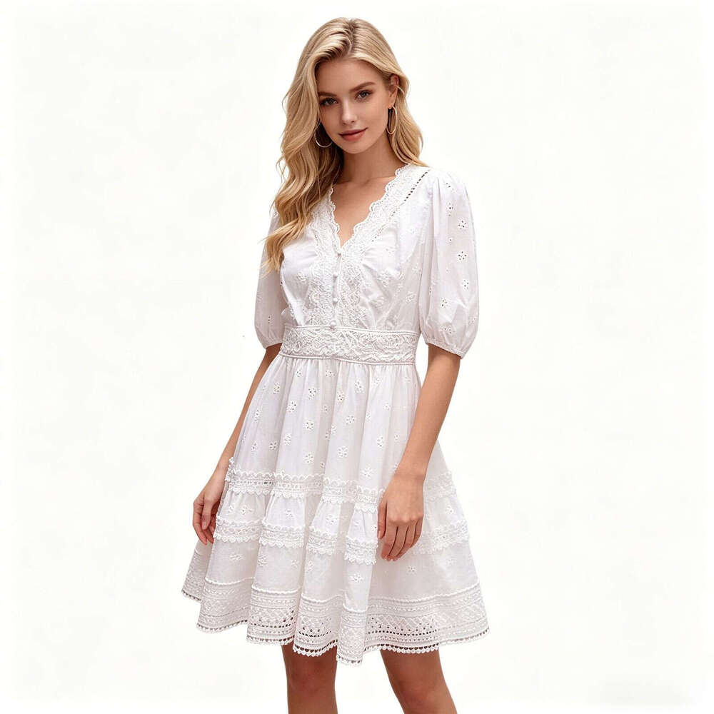 Designer's high-end women's summer FC k30 new FC style French lace embroidery hollow A-line waist V-neck white dress