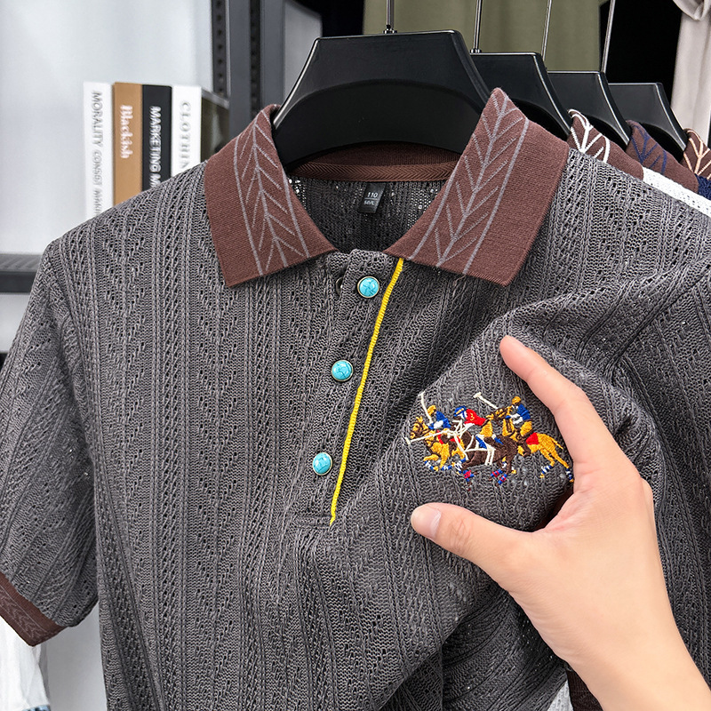 New Designer Short Sleeved T-shirt Men's Summer And Autumn Knitted Sweater Embroidered Pattern Color Blocked Jacquard Top For Business Travel And
