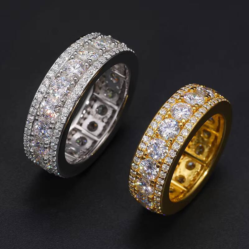 Dropshipping Fine Jewelry Men Gold Plated 8mm 925 Sterling Silver VVS Moissanite Diamond Band Ring With Gift Box