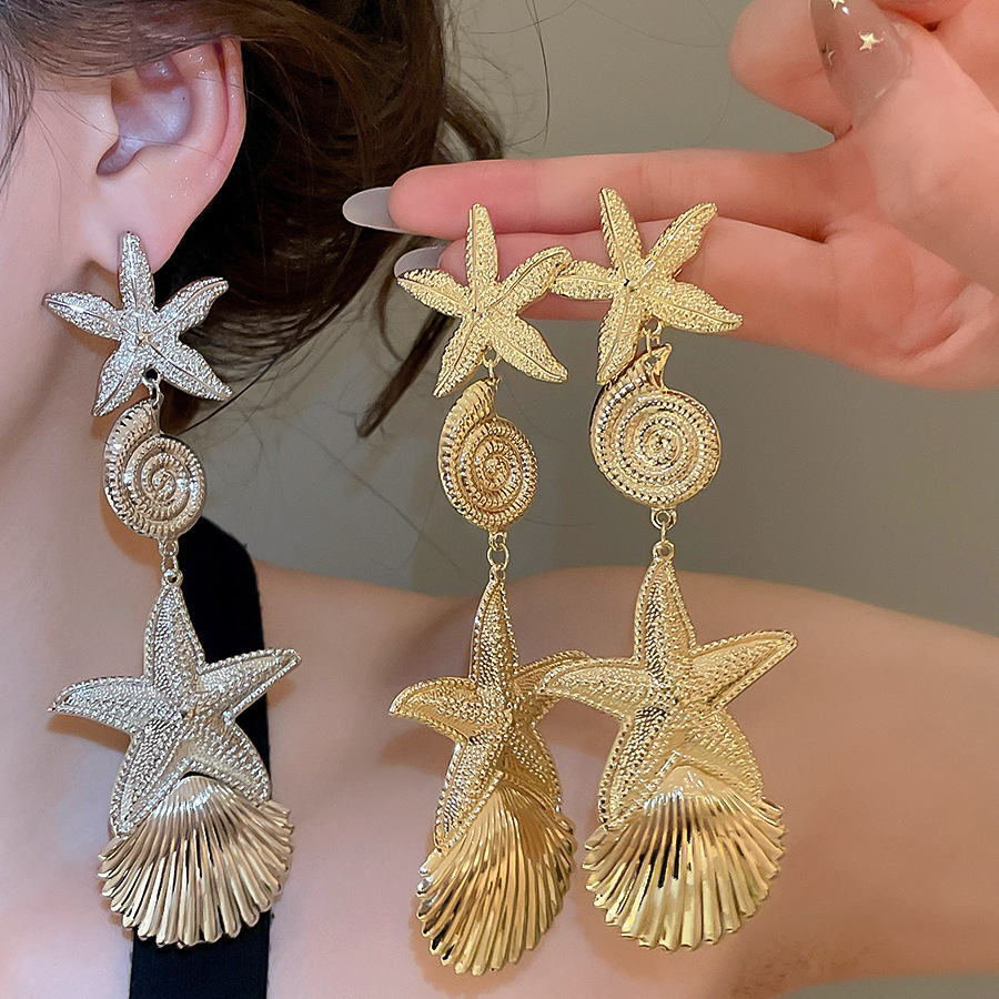 Silver needle European American ocean metal style star conch elegant exaggerated high-end earrings, unique and fashionable ear accessories - view 4