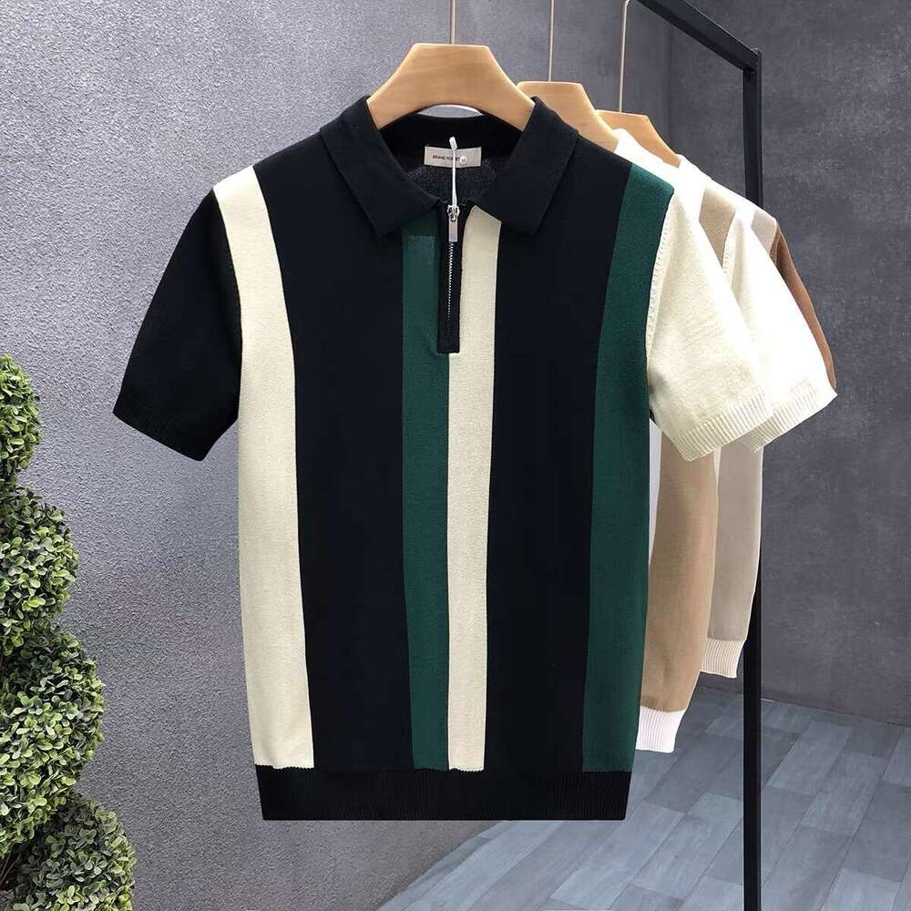 Luxury Brand Designer Clothes Summer High-End Short-Sleeve Ice Silk Knitted Polo Shirt For Men, Trendy British Style Color-Blocked Striped Casual Fash