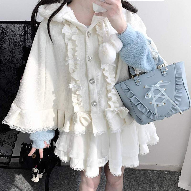 Bestseller Sweet Girl Kawaii Diamond Buckle Cape Jacket Autumn and Winter Japanese Mines Loose Cute Bow Hooded Velvet Small Shawl Coat ddmytues