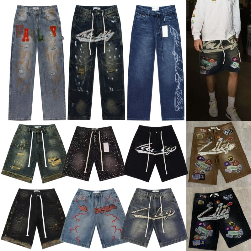 Fashion Trend Full Drill Ripped Pants Men Valley Jeans Designer University Hip Hop Letter Printed Short Pants Men Rhinestone jeans Valleys short Embroidered jean