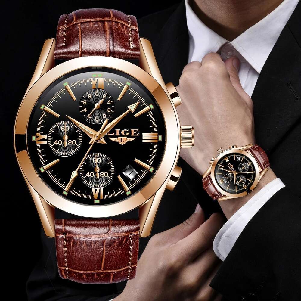 LIGE Men's Quartz Watch, 38mm Steel Case, Leather Band, Three-Dial Luxury Timepiece, Japan and Korean Style