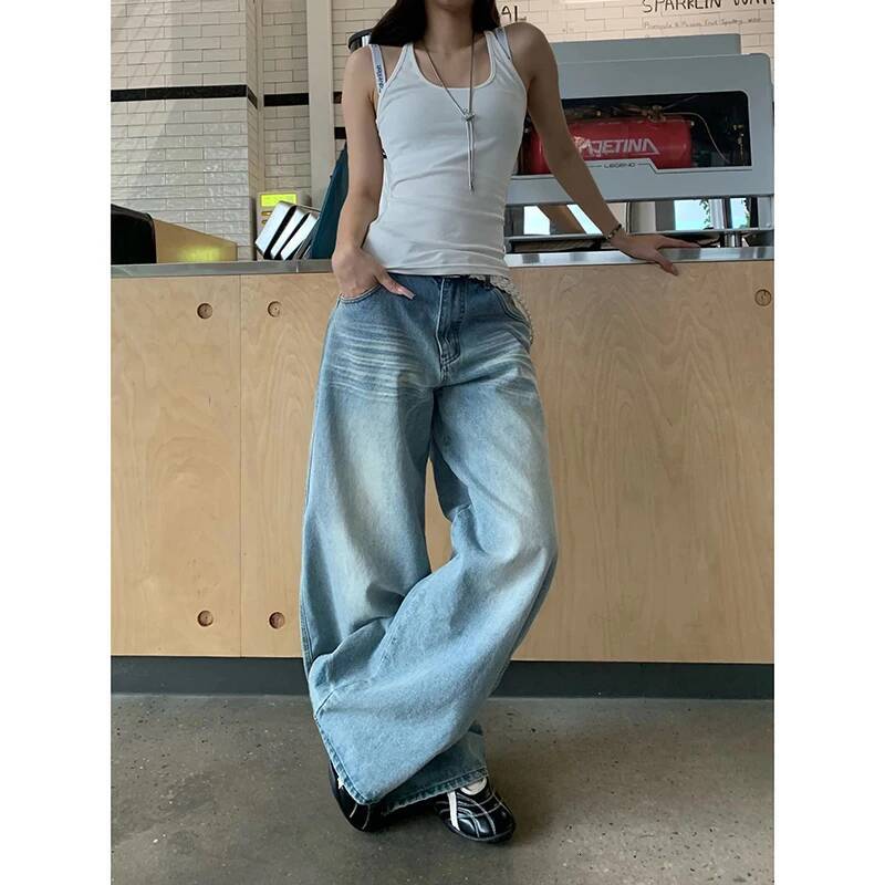 YIBASHU Women Baggy Jean American Retro Denim Blue Pants Y2k Design High Street Wide Fit Cowboy Japanese Harajuku Long Trousers dongdumaoyi