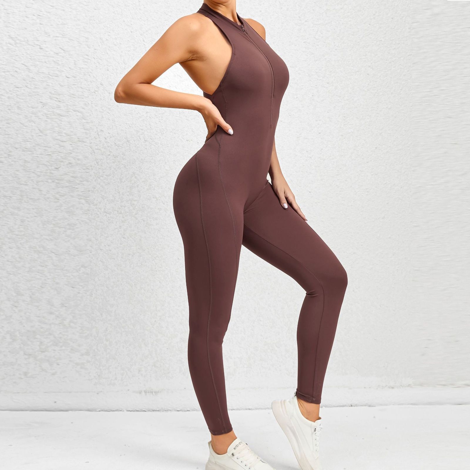 Zippered one-piece yoga suit sports jumpsuit with hollow back running and fitness one-piece yoga pants with chest pads 250704