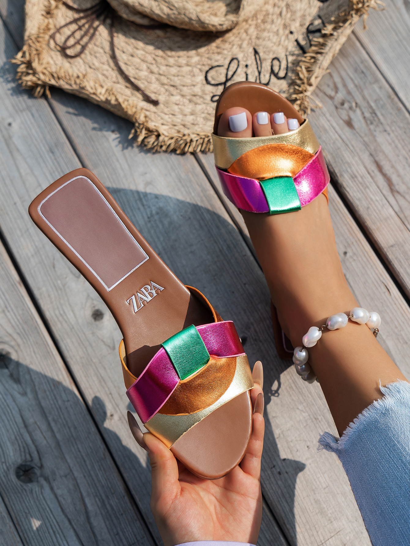 Women Metallic Rainbow Color Block Slide Sandals, Criss Cross Flat Open Toe Casual Summer Beach Slip On Fashion Slippers - view 9