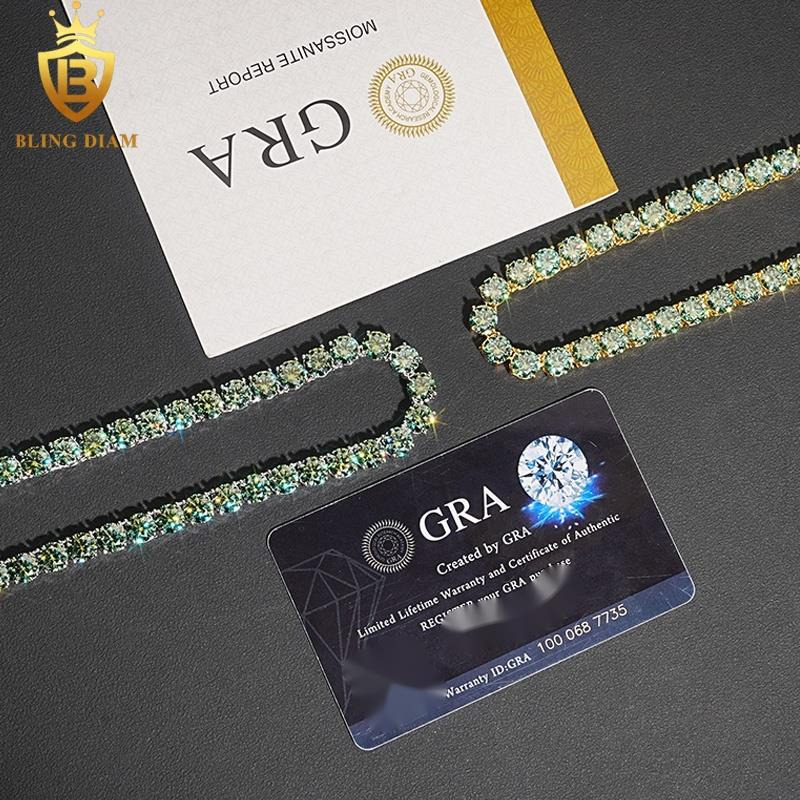 65mm Hip Hop Jewelry Iced Out 925 Sterling Silver Blue Green Vvs Moissanite-Tennis-Chain Bracelet Necklace
