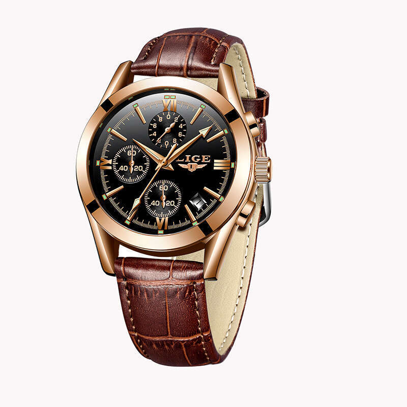 LIGE Men's Quartz Watch, 38mm Steel Case, Leather Band, Three-Dial Luxury Timepiece, Japan and Korean Style - view 6