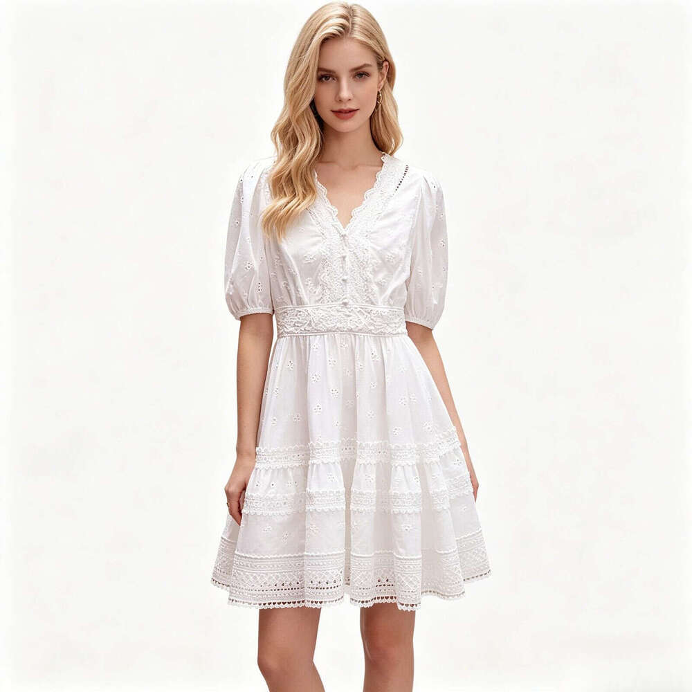 Designer's high-end women's summer FC k30 new FC style French lace embroidery hollow A-line waist V-neck white dress
