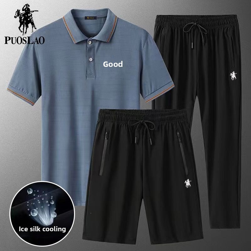 New Summer Designer Polo Shirt Fashion Set For Men Ice Silk Casual Sports Collar Short Sleeved T-shirt Dad Outfit Three Piece Set Loose Business Plus 