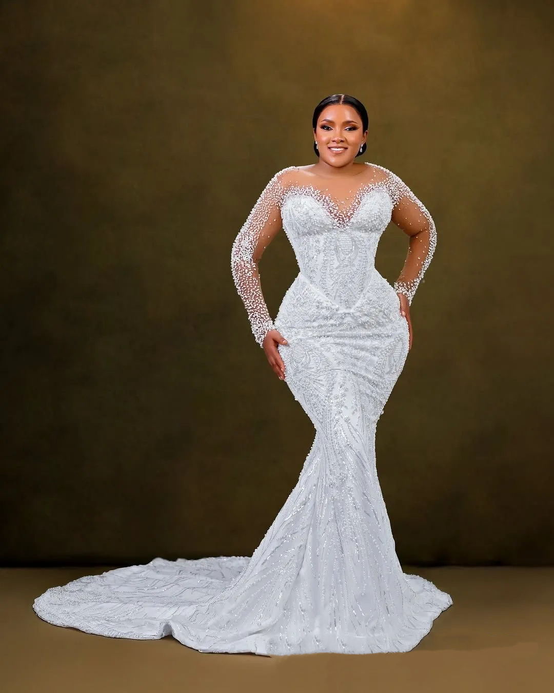 2026 Aso Ebi Plus Size Ivory Mermaid Wedding Dress Sheer Neck Beaded Pearls Sequined Full Sleeves Bridal Gowns Dresses robe de mariee ZHJ045