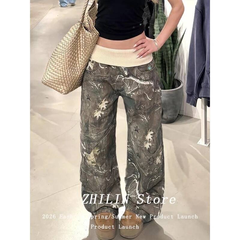 American Retro Camouflage Straight Women's Jeans High Waist Loose Drapey Wide Leg Pants 2026 Summer New Street Design dongdumaoyi