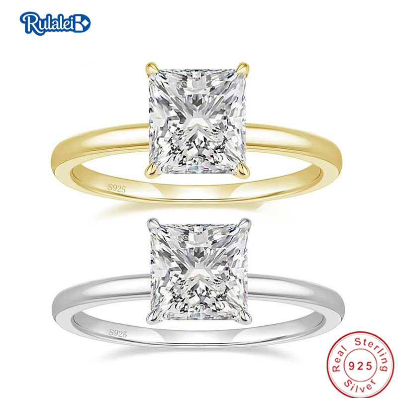 Rulalei Classical 4 Claw Simple Fashion Jewelry Genuine 925 Sterling Silver Princess Cut Solitaire High Carbon Diamond Cocktail Party Eternity Women B