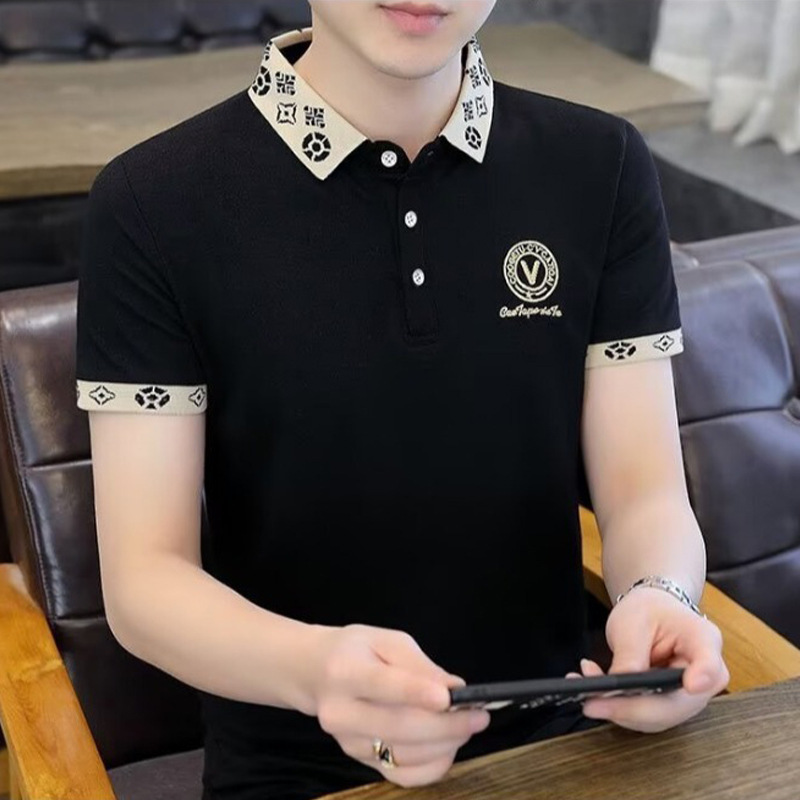 Hardworking Fashion Summer Polo Shirt Striped Mens Designer Short Sleeve T-shirt Ice Silk Flip Collar Slim Half Sleeve Top Comfortable and Breathable