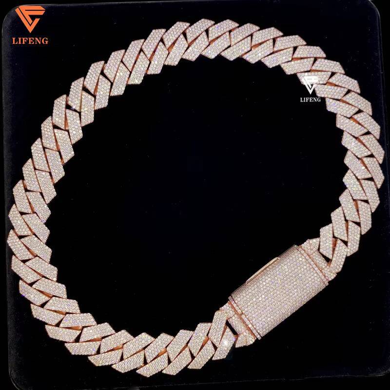 Miami Cuban 20mm 4 Rows Rose Gold Plated Vvs Diamond 925 Silver Iced Moissanite Cuban Link Chain for Men